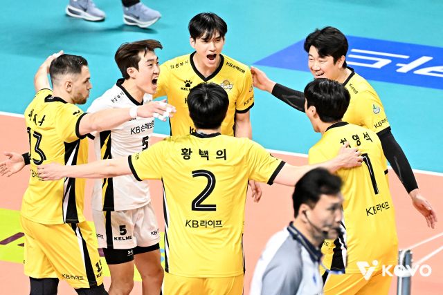 의정부 KB손해보험이 21일 서울 장충체육관에서 열린 ‘진에어 2025~2026 V-리그 남자부’ 3라운드 서울 우리카드전에서 승리한 뒤 기쁨을 나누고 있다. KOVO 제공