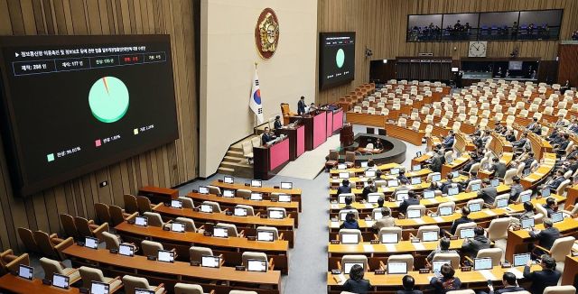 24일 국회에서 열린 12월 임시국회 본회의에서 허위조작근절법이 민주당 주도로 처리되고 있다. 연합뉴스