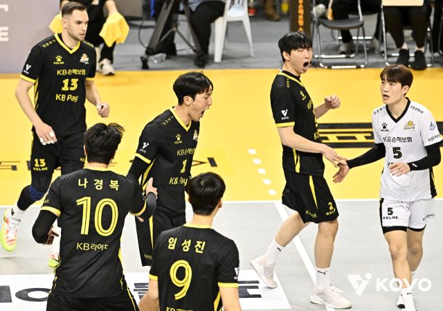 25일 의정부 경민대에서 열린 2025-2026 V리그 남자부 3라운드 인천 대한항공 점보스전에서 의정부 KB손해보험 스타즈 선수들이 점수를 내고 기쁨을 만끽하고 있다. 한국배구연맹 제공