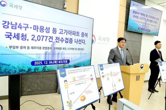 오상훈 국세청 자산과세국장이 4일 정부세종청사 국세청 기자실에서 강남 4구와 마포·용산·성동구(마용성) 등 고가 아파트 증여 거래 2천77건에 대한 전수 검증 계획을 밝히고 있다. 국세청 제공