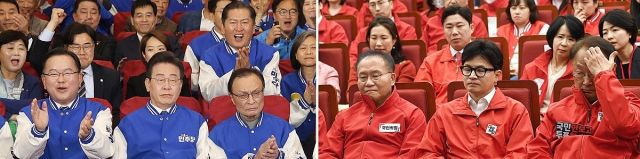 22대 총선 당시 더불어민주당 이재명 대표(왼쪽)와 국민의힘 한동훈 비상대책위원장(오른쪽)이 당 관계자들과 국회에서 출구조사 결과 발표를 보고 있다. 연합뉴스