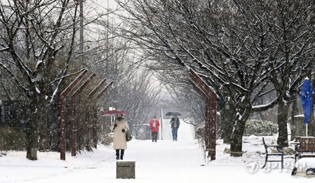 12일 인천 남동구 중앙공원에서 시민들이 눈을 맞으며 발걸음을 옮기고 있다.조병석 기자