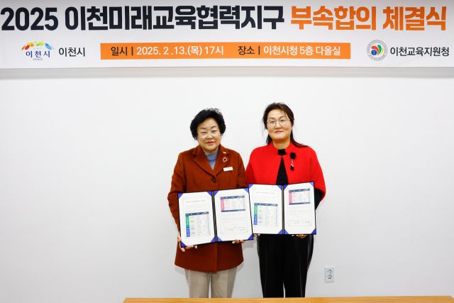 이천시 김경희 시장(왼쪽)과 이천교육지원청 김은정 교육장이 이천미래교육협력지구 부속합의 체결했다. 이천시 제공.