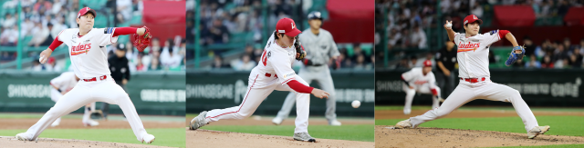 프로야구 SSG 랜더스의 5선발 자리를 놓고 경쟁 중인 (왼쪽부터) 송영진, 박종훈, 정동윤. SSG 랜더스 제공