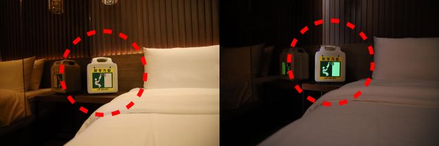 의왕소방서는 체크인 완강기함 픽토그램 스티커를 제작해 의왕시 숙박업소 전체에 보급했다. 사진은 픽토그램 스티커 설치전(왼쪽)과 설치후의 비교모습. 의왕소방서 제공