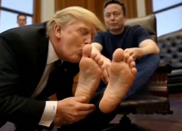 트럼프 대통령이 머스크의 발에 키스하는 가짜 영상. 엑스