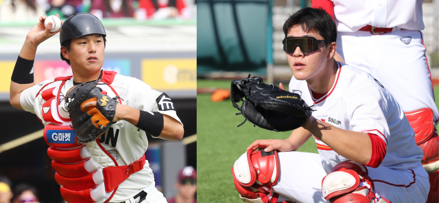 SSG 랜더스의 백업 포수 자리를 놓고 경쟁 중인 조형우(왼쪽)와 이율예. SSG 랜더스 제공