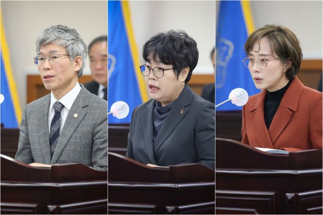 (왼쪽부터)최훈, 윤재실, 장수진 동구의원이 26일 제282회 동구의회 임시회 제2차 본회의에서 의정자유발언을 하고 있다. 동구의회 제공