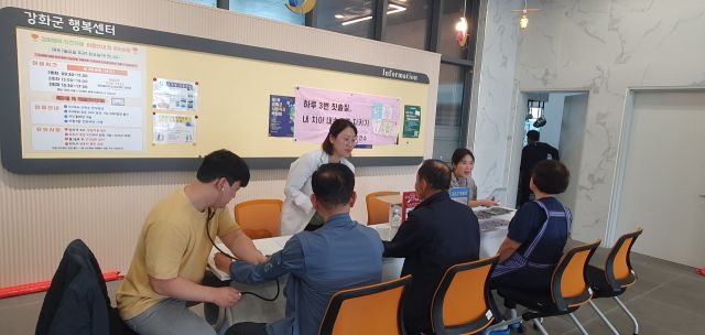 인천 강화군 ‘찾아가는 보건소’가 시민들을 대상으로 기초 검사를 하고 있다. 강화군청 제공