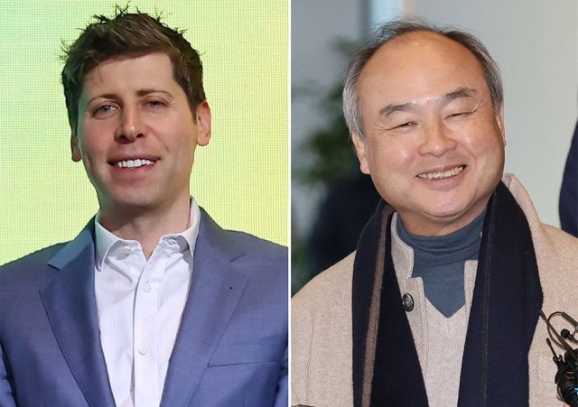 오픈AI-카카오 기자간담회에 참석한 샘 올트먼(왼쪽)과 삼성전자 사옥에서 열린 3자 회동에 참석하는 손정의 회장. 연합뉴스