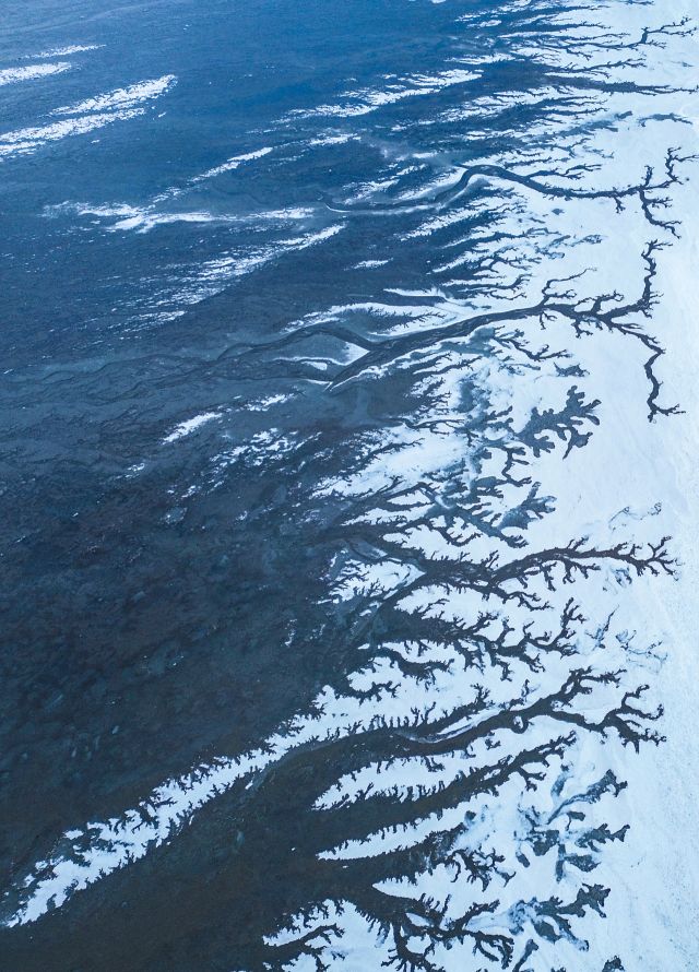 한파주의보가 발효된 4일 화성시 우정읍 매향리 갯벌이 꽁꽁 얼어붙어 한 폭의 그림처럼 기하학적 무늬를 형성하고 있다.조주현기자