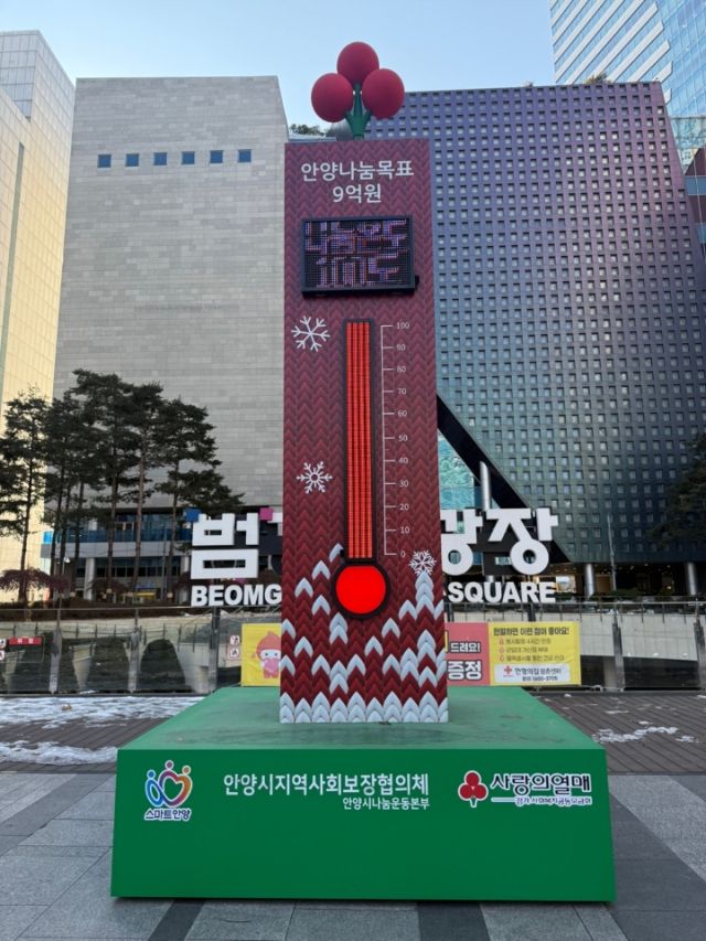 안양시가 범계역 광장에 설치한 ‘희망 2025 나눔 캠페인’ 사랑의 온도탑이 102도를 달성했다. 안양시 제공.