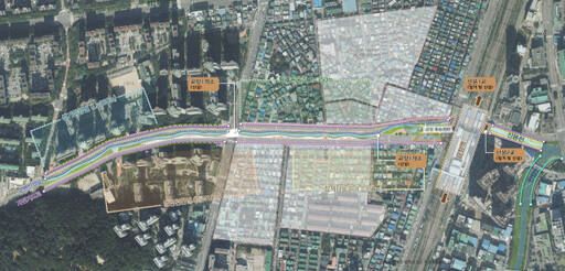 지금은 무산된 환경부 지역맞춤형 통합하천사업 대상지로 선정 당시 산본천 복원사업 계획도. 산본천 하단 2개 흰색 표시 지역이 재개발 구역. 군포시 제공