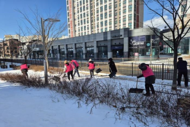 군포시 송부동 통장협의회 회원들이 보행로에 쌓인 눈을 치우고 있다. 군포시 제공