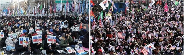 윤석열 즉각 퇴진·사회대개혁 비상행동이 1일 오후 서울 종로구 광화문 인근 도로에서 9차 범시민 총궐기대회를 개최했다(왼쪽). 지난 8일 서울 광화문광장에서 열린 윤석열 대통령 탄핵반대 국민대회가 열렸다. 연합뉴스