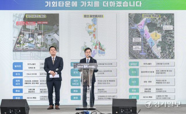 11일 오전 수원월드컵경기장 중앙광장에서 열린 '경기 기회타운 3대 프로젝트 언론브리핑'에서 김동연 경기도지사와 이재준 수원특례시장이 질의에 답하고 있다. 이날 김 지사와 이 시장은 수원월드컵경기장 부지와 용인특례시 , 안양 인덕원 3곳에 각각 수원 우만 테크노밸리, 용인 플랫폼시티, 인덕원 역세권 기회타운으로 경기도형 도시모델 ‘경기 기회타운’을 조성한다고 밝혔다. 윤원규기자