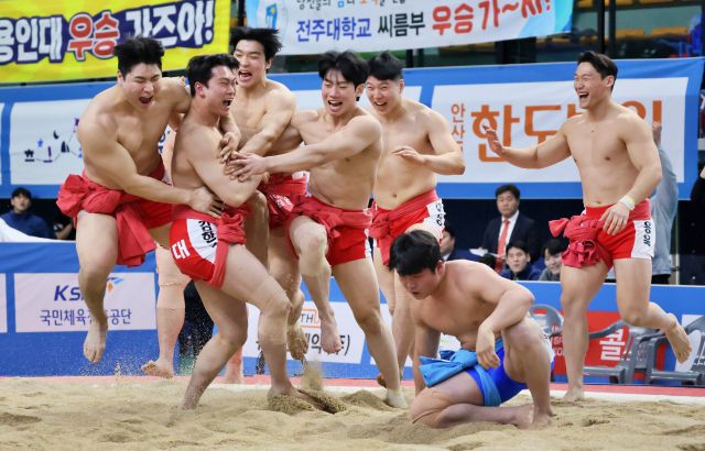 13일 경북 문경실내체육관에서 열린 제55회 회장기 전국장사씨름대회 대학부 단체전 결승에서 대구대에 4대0 완승을 거두고 우승한 인하대 선수들이 우승이 확정된 순간 모래판으로 뛰어나와 환호하고 있다.대한씨름협회 제공