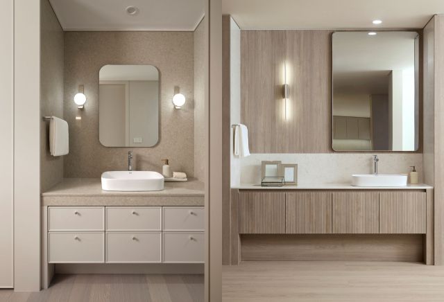 DL이앤씨 ‘디 셀렉션’ 소프트 클래식(오른쪽), 모던 내추럴 스타일 파우더룸 비교. DL이앤씨