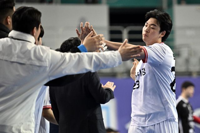 하남시청의 간판 골잡이 박광순이 득점 후 팀 벤치와 하이파이브를 하고 있다.한국핸드볼연맹 제공