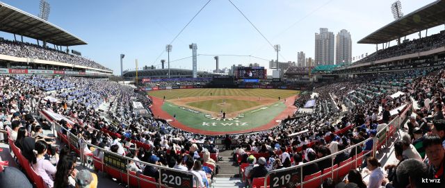 ‘2025 신한 SOL Bank KBO리그’가 오는 22일 일제히 개막돼 8개월 대장정에 돌입한다. 사진은 지난해 KT 위즈의 홈 개막 경기 전경. KT 위즈 제공