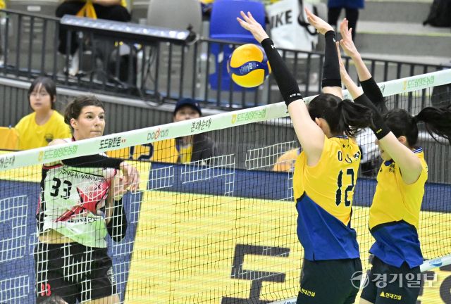 여자배구 플레이오프 정관장, 현대건설에 1차전 승리 [포토뉴스]