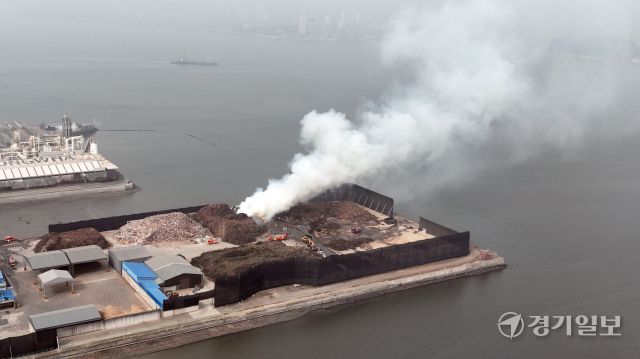 25일 인천 중구 북성동1가 인근 폐목재 야적장에서 소방대원들이 화재를 진압하고 있다. 지난 24일 오후 9시 48분쯤 발생한 화재는 소방관 81명과 펌프차 등 35대를 투입해 이날 오전 7시 36분쯤 큰 불길을 잡았다. 조병석 기자