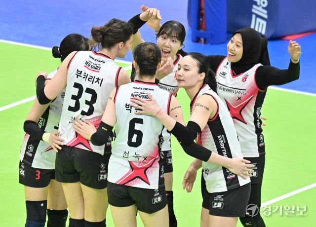 여자배구 플레이오프 정관장, 현대건설에 1차전 승리 [포토뉴스]