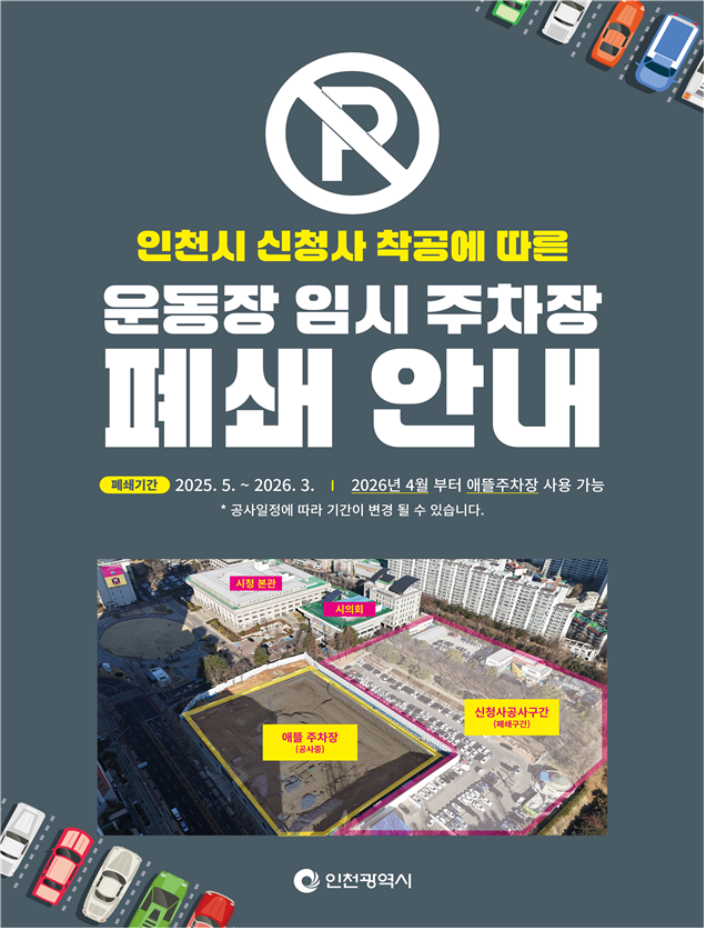 인천시가 신청사 착공으로 인천시청 임시주차장을 폐쇄, 193면만 운영된다. 인천시 제공