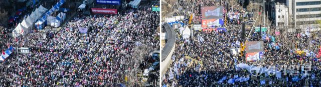 3월 마지막 주말인 29일에도 서울 도심 곳곳에서 탄핵 관련 찬반 집회가 열렸다. (왼쪽부터) 동화면세점 인근에서 탄핵 반대 집회’가 열리고 있다. 서울 광화문 동십자각 인근에서 열린 윤 대통령 탄핵 찬성 집회가 열리고 있다. 윤원규기자