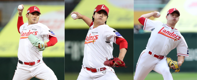 SSG 랜더스 마운드의 ‘필승조’가 시즌 초 팀 상승세를 이끌고 있다. 불펜 마운드의 핵심으로 조화를 이루고 있는 노경은, 김민, 조병현(왼쪽부터).SSG 랜더스 제공