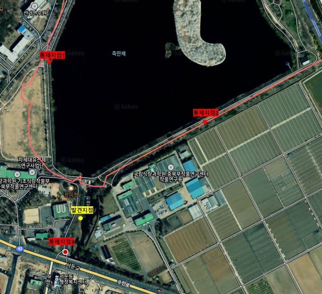 AI 확진된 민물가마우지 폐사체 발견 지점. 수원시 제공