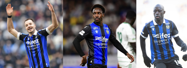 프로축구 K리그2 인천 유나이티드의 외국인 공격수 삼각편대인 무고사·제르소·바로우(왼쪽부터).한국프로축구연맹 제공