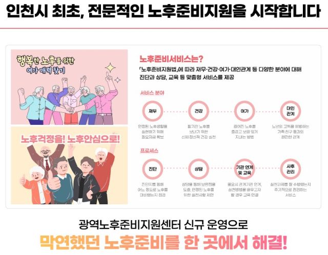 인천시는 인천광역노후준비지원센터로 인천고령사회대응센터와 국민연금공단 남동연수지사를 지정해 운영한다. 시 제공