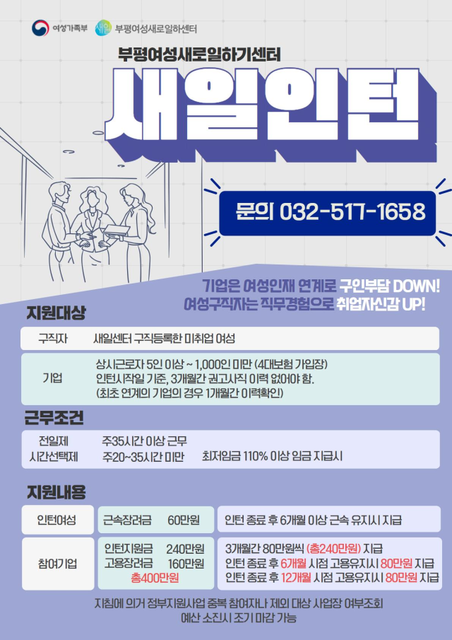 부평여성새일센터에서 미취업여성을 위해 제공하는 새일여성인턴 사업 안내 포스터. 인천여성가족재단 제공
