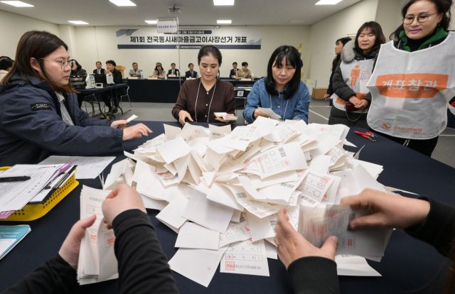 '제1회전국동시새마을금고이사장 투표일'인 5일 오후 수원시팔달구 선거관리위원회 1층에 마련된 개표장에서 개표위원과 참관인들이 투표지를 확인하고 있다. 이번 선거의 전국 투표율은 25.7%, 경기지역 투표율은 경기지역 55만4천362명 중 8만9천989명이 투표에 참여해 16.2%로 집계됐다. 윤원규기자