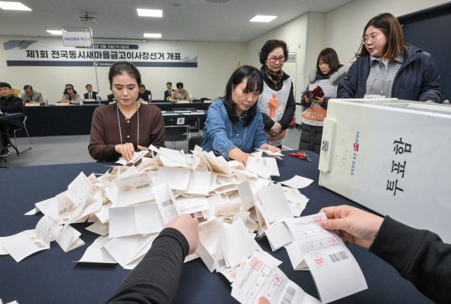 '제1회전국동시새마을금고이사장 투표일'인 5일 오후 수원시팔달구 선거관리위원회 1층에 마련된 개표장에서 개표위원과 참관인들이 투표지를 확인하고 있다. 이번 선거의 전국 투표율은 25.7%, 경기지역 투표율은 경기지역 55만4천362명 중 8만9천989명이 투표에 참여해 16.2%로 집계됐다. 윤원규기자