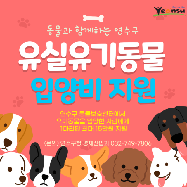 인천 연수구 유실유기동물 입양비 지원 홍보 포스터. 연수구 제공