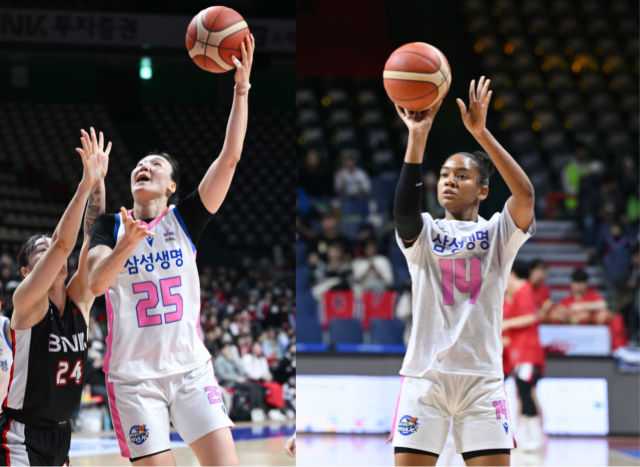 여자 프로농구 플레이오프에서 부산 BNK에 2연패를 당한 용인 삼성생명이 배혜윤(왼쪽)과 키아나 스미스를 앞세워 3차전 승리로 반격에 나서겠다는 각오다. WKBL 제공