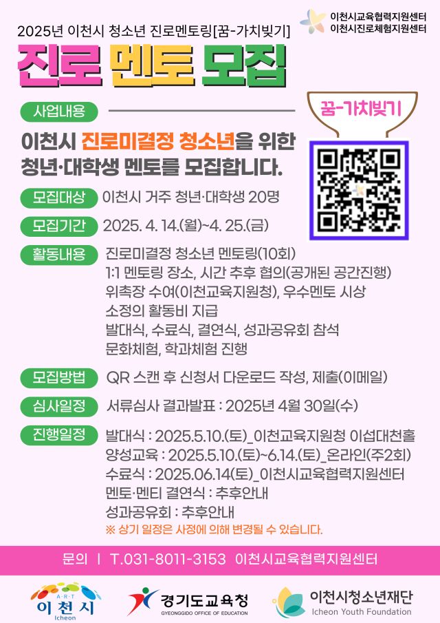 이천시 청소년 진로멘토링 청년·대학생 멘토 모집 안내 포스터. 이천시 청소년재단 제공