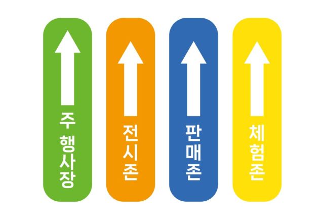 이천도자기축제장 도로 등 바닥에 설치된 여러 색상으로 안내 문구.