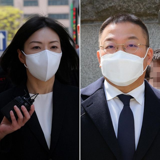 서울 남부지법에 출석하고 있는 구연경,윤관 부부. 하재인 기자