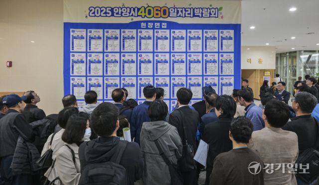 17일 오후 안양시 만안구 안양아트센터에서 열린 ‘2025년 4060 중장년 일자리 박람회’를 찾은 구직자들이 구직 활동을 벌이고 있다. 이날 박람회에서는 중장년 관심직종 직무컨설팅과 중장년 맞춤 고용 정책 홍보 등이 이뤄졌다. 윤원규기자