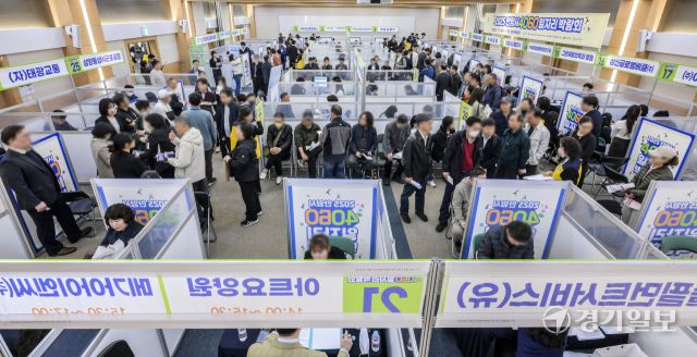 17일 오후 안양시 만안구 안양아트센터에서 열린 ‘2025년 4060 중장년 일자리 박람회’를 찾은 구직자들이 구직 활동을 벌이고 있다. 이날 박람회에서는 중장년 관심직종 직무컨설팅과 중장년 맞춤 고용 정책 홍보 등이 이뤄졌다. 윤원규기자