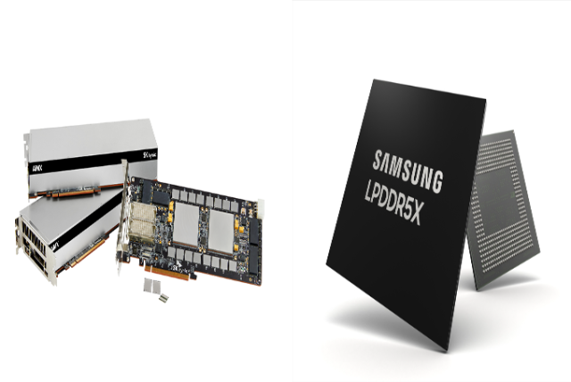 왼쪽부터 SK하이닉스 생성형 AI 특화 GDDR6 AiM 기반 가속기 카드 AiMX 시제품, 삼성전자 LPDDR5X. SK하이닉스·삼성전자