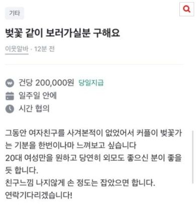 '벚꽃 아르바이트' 구인 글. 중고거래 플랫폼 '당근마켓' 캡처