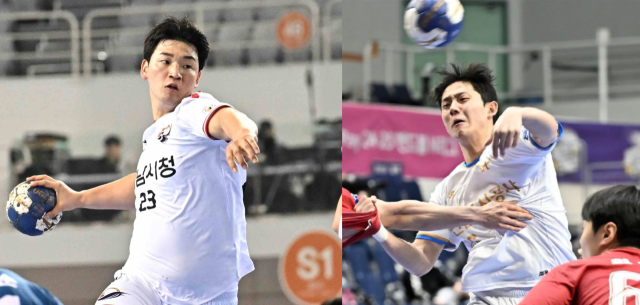 핸드볼 H리그 남자부 하남시청의 ‘주포’ 박광순(왼쪽)과 인천도시공사 ‘에이스’ 김진영.한국핸드볼연맹 제공