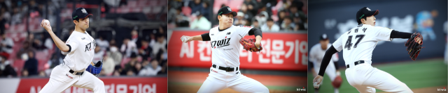 2025시즌 초반 안정된 투구로 KT 위즈의 ‘선발 야구’에 힘을 보태고 있는 토종 선발 투수 고영표, 소형준, 오원석(왼쪽부터).KT 위즈 제공