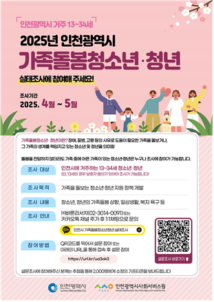 인천시사회서비스원이 지난 21일부터 오는 5월30일까지 인천에서 아픈 가족과 함께 살거나 돌보는 13~34세 청소년 및 청년을 대상으로 실태조사에 나선다. 인천시사서원 제공