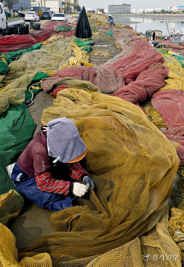 완연한 봄 날씨를 보인 23일 인천 중구 북성포구에서 어민들이 출어를 위해 배 위에 그물을 펼쳐 손질을 하고 있다.조병석기자