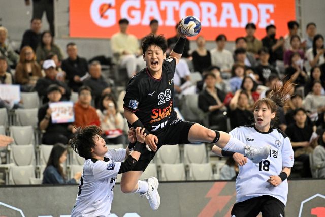 24일 서울 올림픽공원 핸드볼경기장에서 벌어진 H리그 여자부 챔피언결정 1차전서 광명 SK 슈가글라이더즈의 유소정이 돌파슛을 하고 있다.한국핸드볼연맹 제공